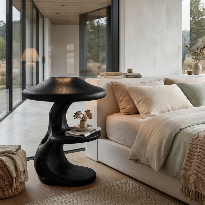 Spry Interior Rustic Mushroom Nightstand with Sculptural Tree Root Base & Built-in Drawer, Unique Solid Wood Bedside Table, SINLHABT260