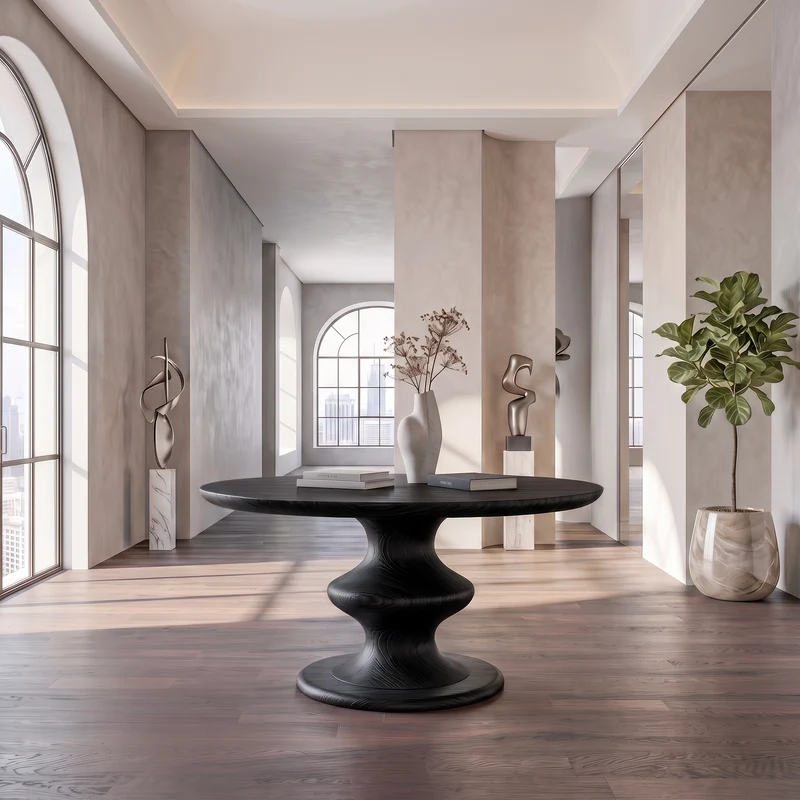 Spry Interior Contemporary Round Foyer Table, Turned Solid Wood Pedestal Entryway & Accent Hallway Table, SINLSAFT046