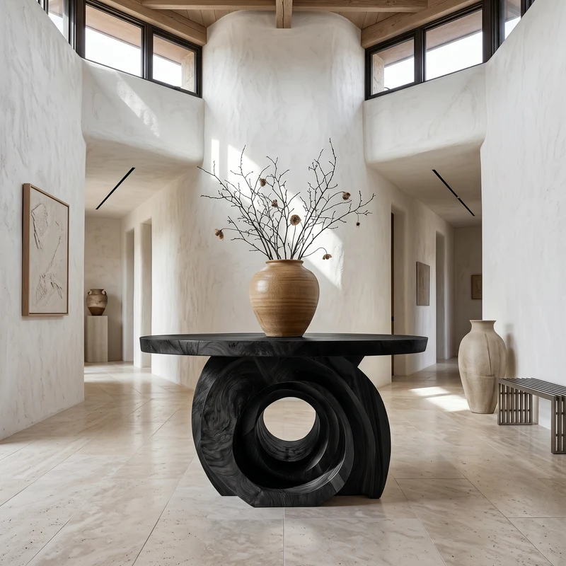 Spry Interior Modern Round Foyer Table, Sculptural Ring Pedestal Solid Wood Entryway & Hallway Accent Table, SINLSAFT044