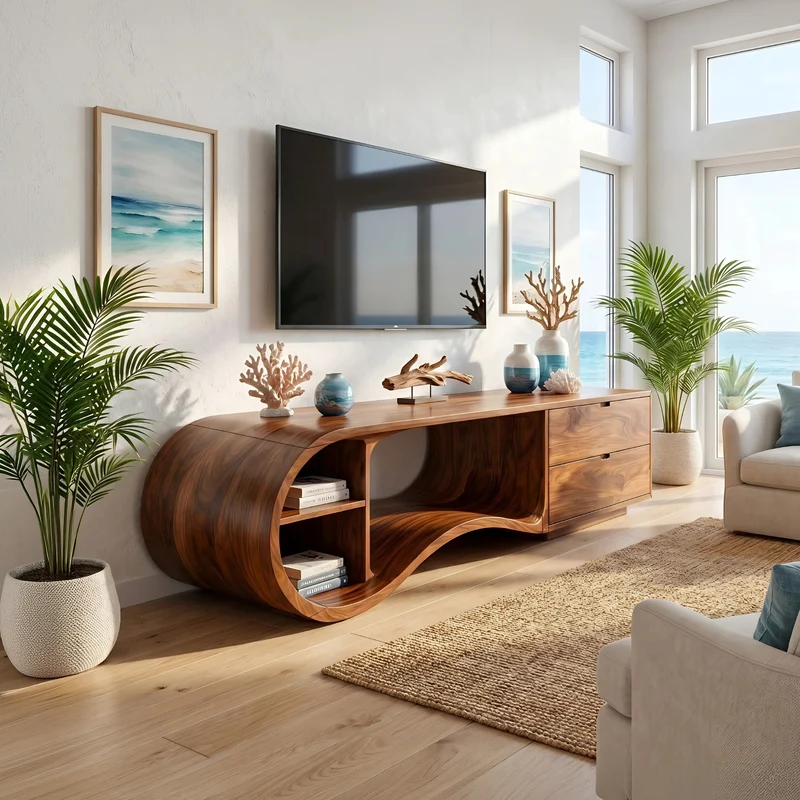 Spry Interior Contemporary Organic TV Cabinet, Handcrafted Wavy Edge Solid Wood Media Sideboard Console & Entertainment Board Stand, SILDTTNTVC127