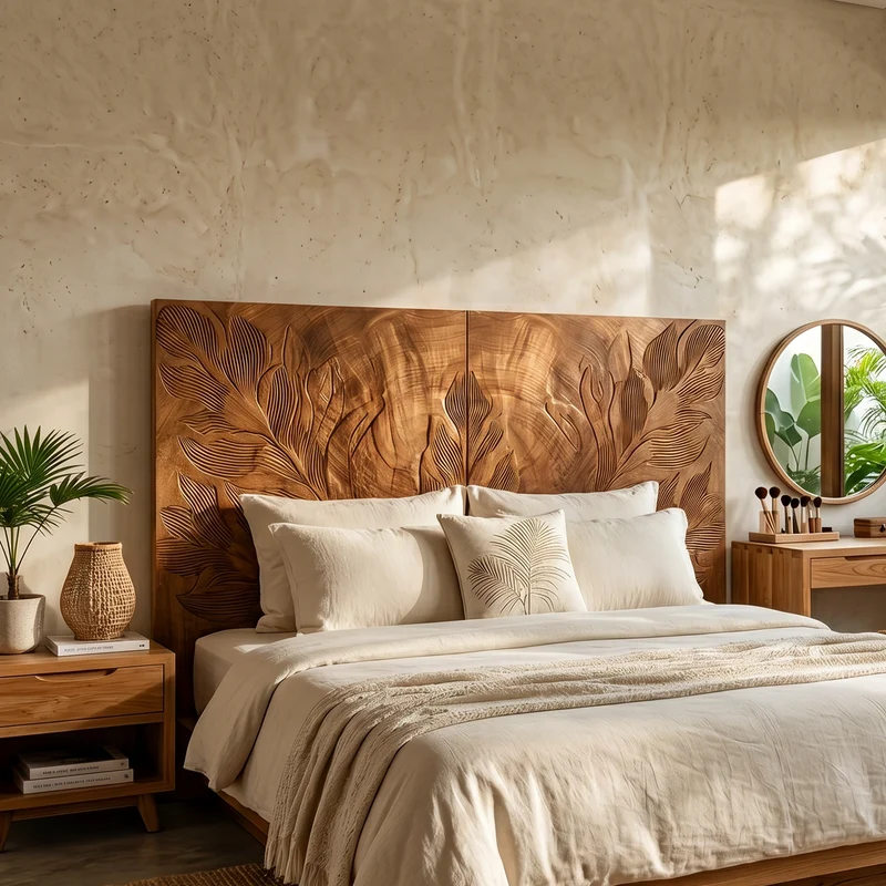 Spry Interior Handcarved Tropical Botanical Wood Headboard, Coastal Inspired Bed Backboard for King & Queen size beds, Walnut Finish, SILDTTRHB023