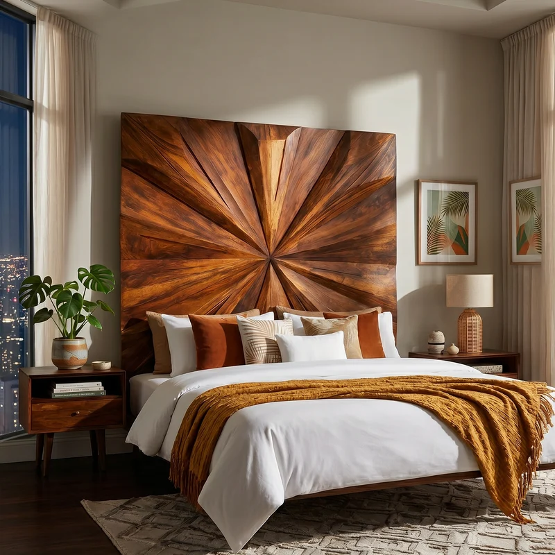 Spry Interior Geometric Sunburst Wood Headboard, Handcrafted Modern Urban Bedroom Bed Headboard Panel for King & Queen Bed, SILDTTRHB019