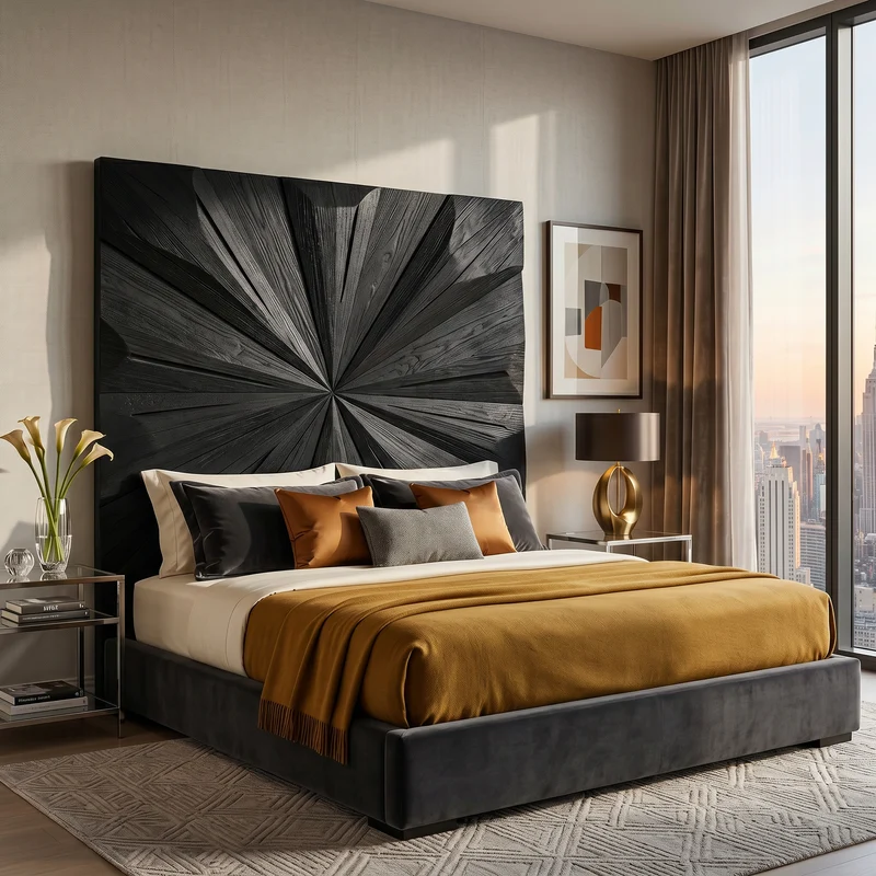 Spry Interior Geometric Sunburst Wood Headboard, Handcrafted Modern Urban Bedroom Bed Headboard Panel for King & Queen Bed, SILDTTRHB019