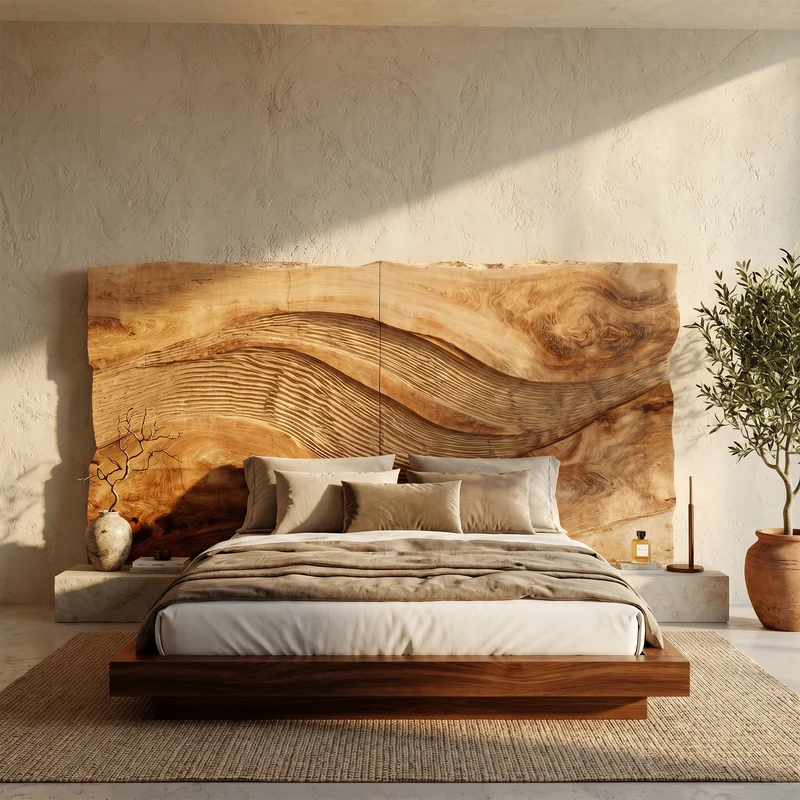 Spry Interior Contemporary Wave Carved Wood Headboard, Handcrafted Textured 3D Bed Headboard Panel for Queen & King Size Beds, SILDTTRHB017