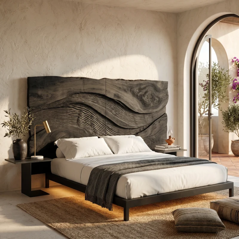 Spry Interior Contemporary Wave Carved Wood Headboard, Handcrafted Textured 3D Bed Headboard Panel for Queen & King Size Beds, SILDTTRHB017