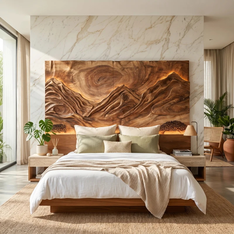 Spry Interior Modern Mountain Relief Wood Headboard, Handcrafted Sculptured Bed Headboard for King & Queen Luxury Bedroom, SILDTTRHB015