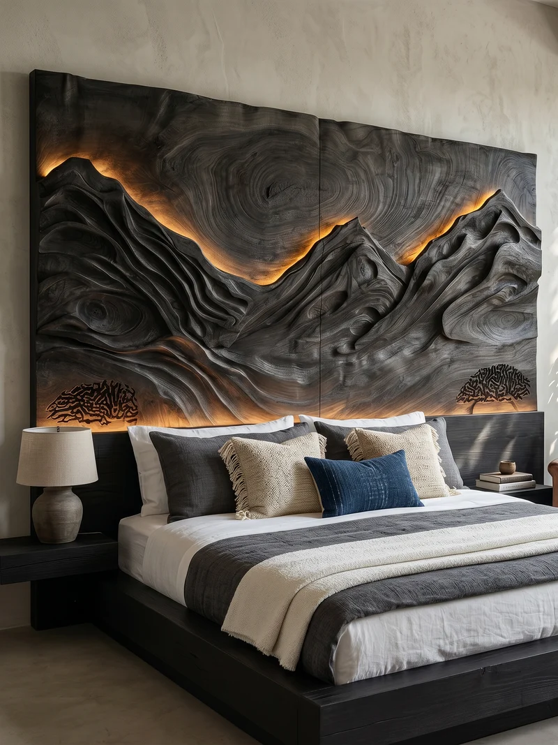 Spry Interior Modern Mountain Relief Wood Headboard, Handcrafted Sculptured Bed Headboard for King & Queen Luxury Bedroom, SILDTTRHB015
