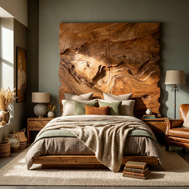 Spry Interior Organic Swirl Handcarved Wood Headboard, 3D Wave Textured Accent Headboard Panel for King & Queen Bed Decor, SILDTTRHB011