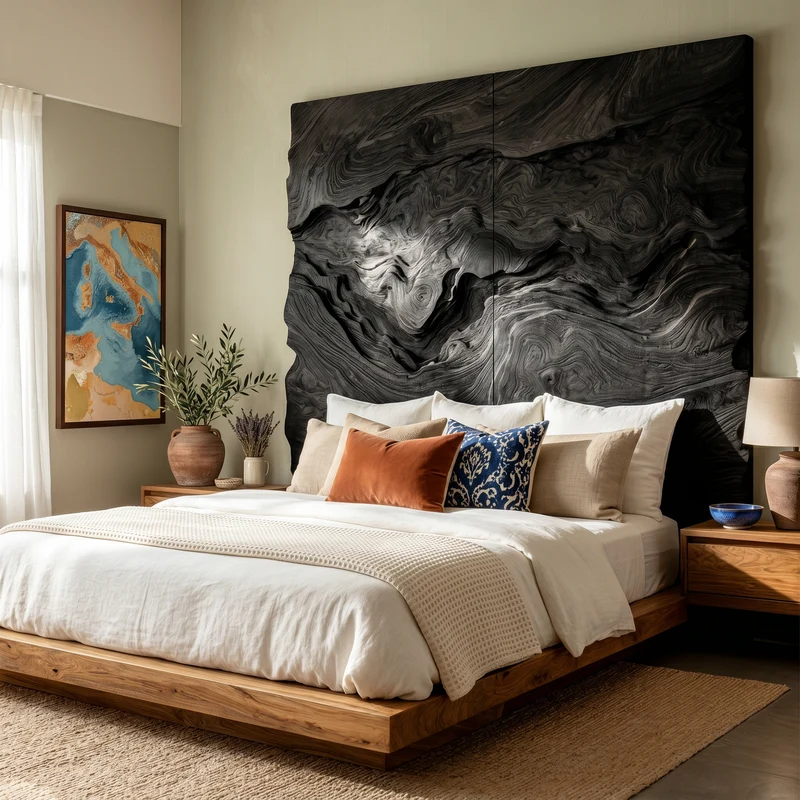 Spry Interior Organic Swirl Handcarved Wood Headboard, 3D Wave Textured Accent Headboard Panel for King & Queen Bed Decor, SILDTTRHB011