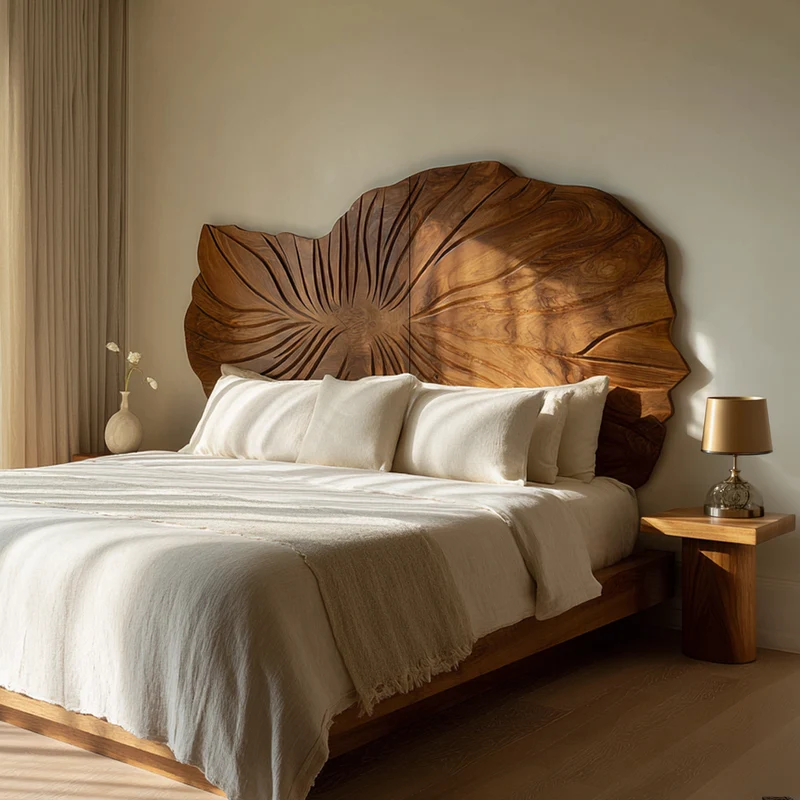 Spry Interior Sculptural Leaf Handcarved Wood Headboard, Decorative Floral Botanical Accent Headboard Panel for King & Queen Bed, SILDTTRHB009