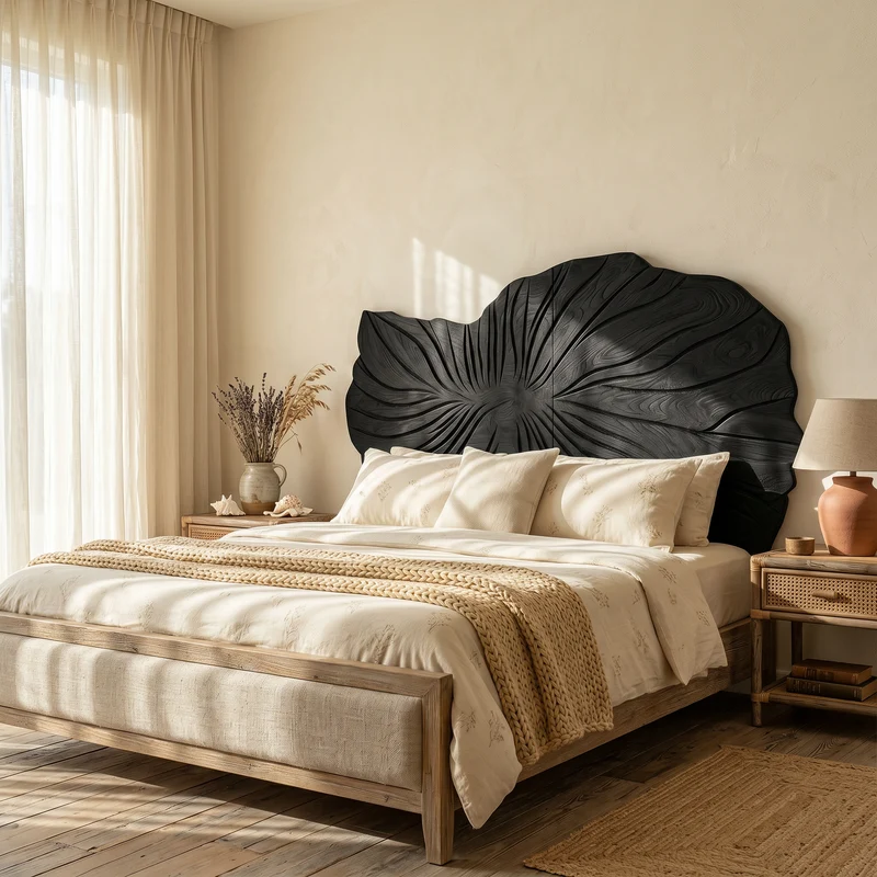 Spry Interior Sculptural Leaf Handcarved Wood Headboard, Decorative Floral Botanical Accent Headboard Panel for King & Queen Bed, SILDTTRHB009