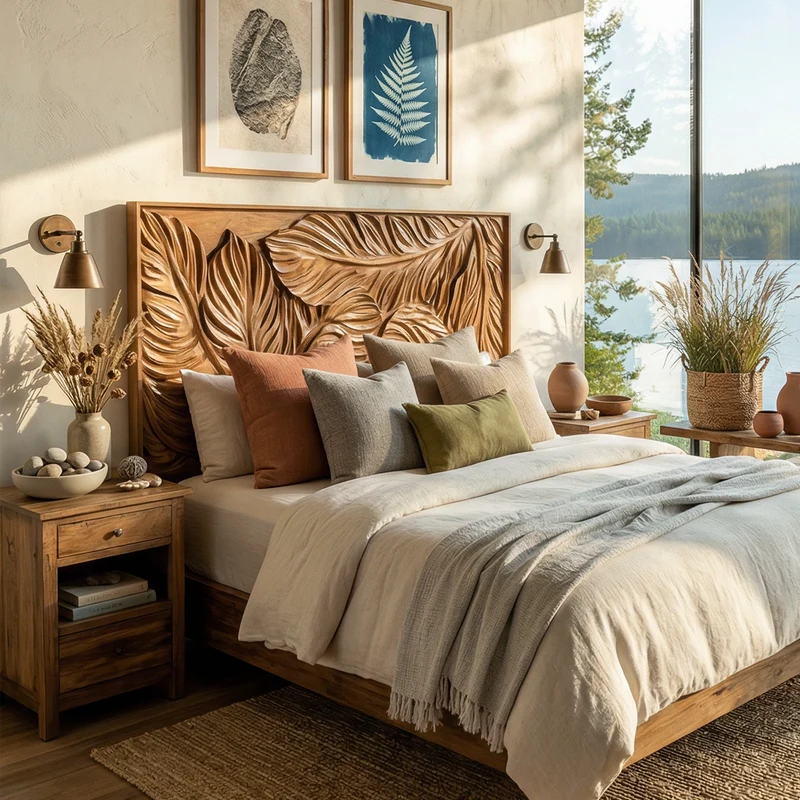 Spry Interior Coastal Botanical Handcarved Wood Headboard, Tropical Palm leaf bed Headboard Panel for King & Queen Bed, Handcrafted, SILDTTRHB007