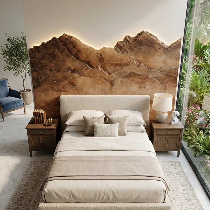 Spry Interior Mountain Relief Wood Headboard, Handcrafted 3D Sculpted Forest Landscape Bed Headboard Panel for King & Queen Beds, SILDTTRHB005