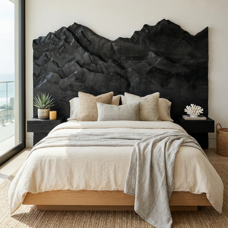 Spry Interior Mountain Relief Wood Headboard, Handcrafted 3D Sculpted Forest Landscape Bed Headboard Panel for King & Queen Beds, SILDTTRHB005