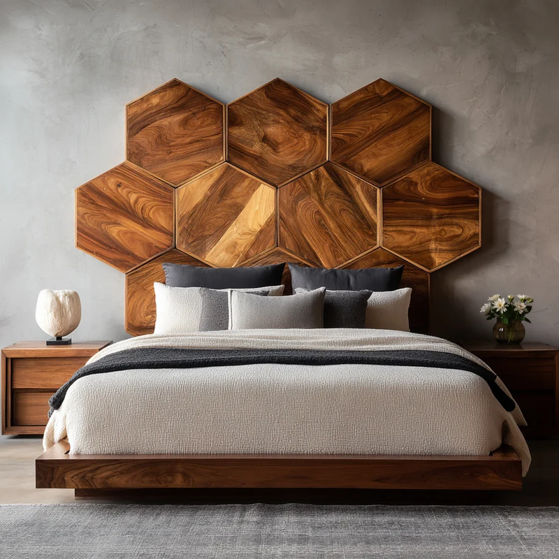 Spry Interior Geometric Hexagon Reclaimed Wood Headboard, Handcrafted Modern Mosaic Bed Backboard Panel for King & Queen Bed, SILDTTRHB003