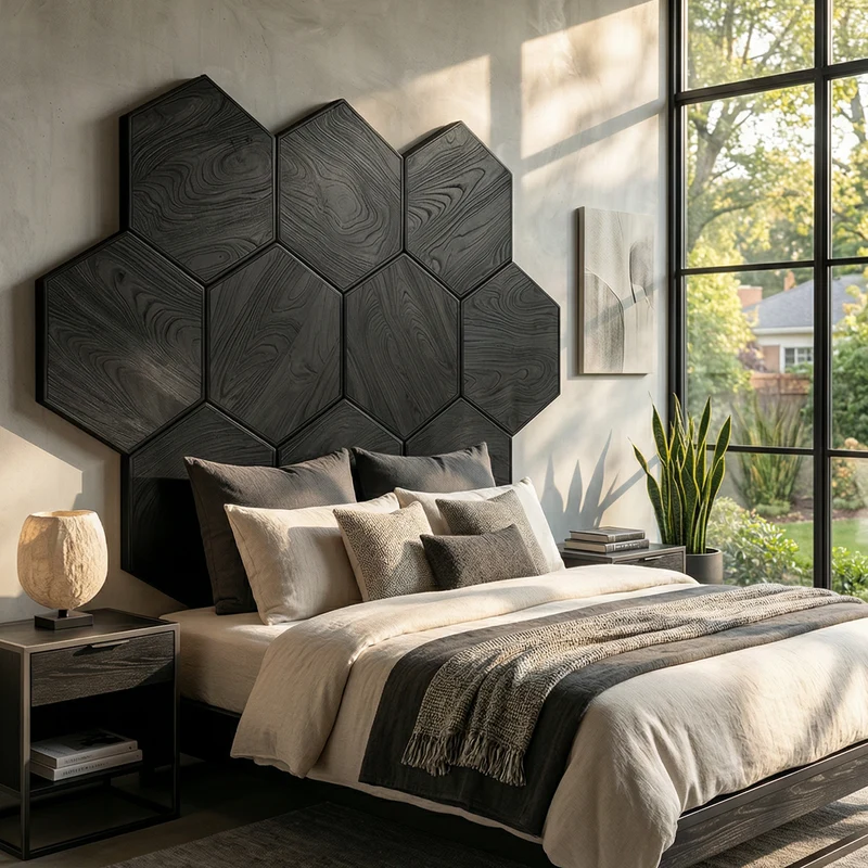 Spry Interior Geometric Hexagon Reclaimed Wood Headboard, Handcrafted Modern Mosaic Bed Backboard Panel for King & Queen Bed, SILDTTRHB003