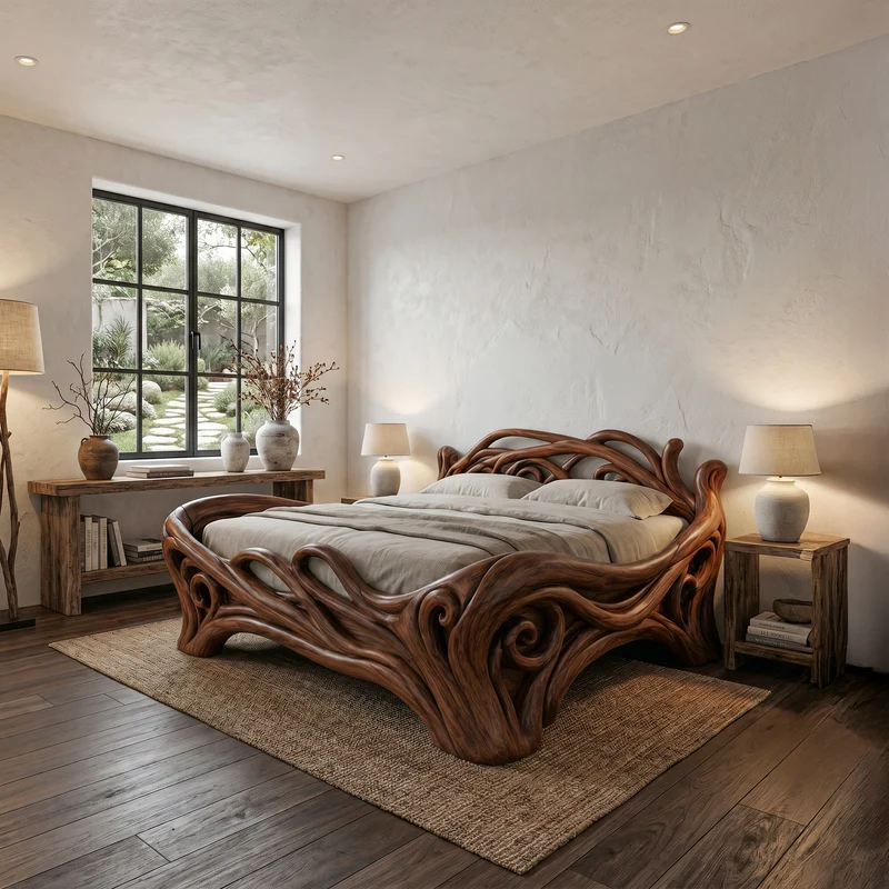 Spry Interior Organic Sculptural Bed Frame with Flowing Root-Inspired Wood Design, Unique Handcrafted Solid Wood Bed Frame - SINLHAWB121