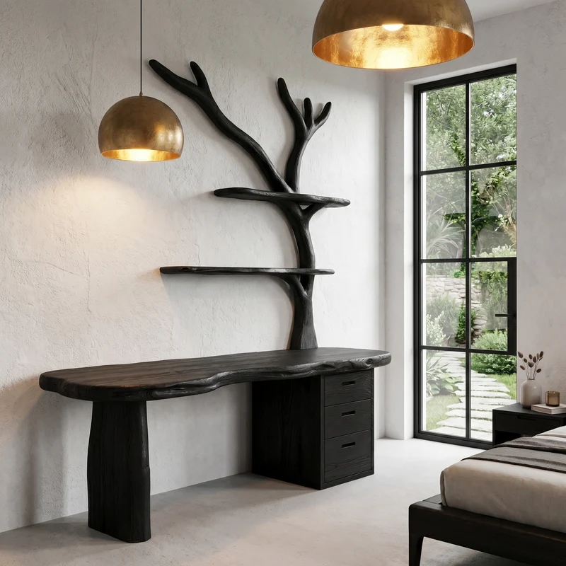 Spry Interior Organic Wooden Desk with Tree Branch Bookshelf & Storage Drawer, Solid Wood Writing Table for Home Office - SINLHADK115