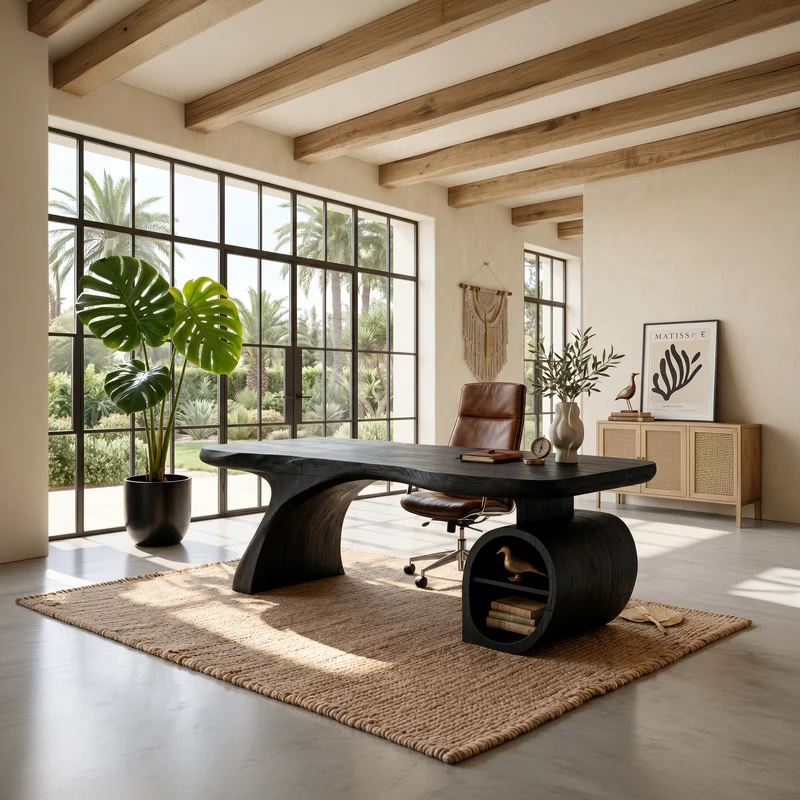 Spry Interior Modern Sculpted Wood Office Desk with Open Shelving Storage, Handcrafted Solid Wood Computer Desk, Writing Table, SILDTTNDE035