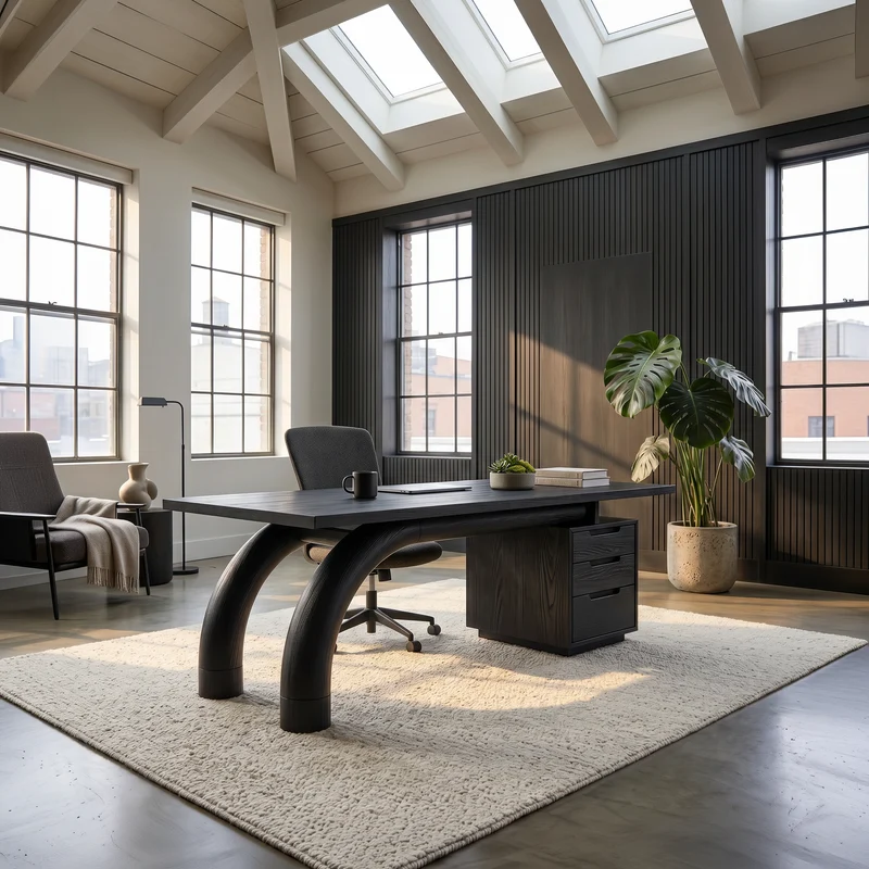 Spry Interior Modern Curved Solid Wood Office Desk with Open Shelf Storage, Handcrafted Laptop Computer Desk, Study Writing Table, SILDTTNDE030