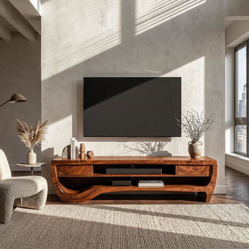 Spry Interior Organic TV Cabinet with Open Storage & Sculptural Curved Wood Design, Solid Wood Media Console TV Stand - SINLHATC045