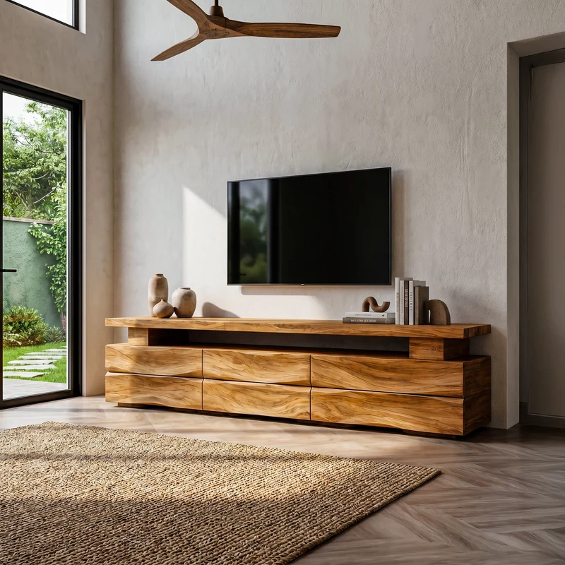 Spry Interior Rustic TV Cabinet with Wave Front Drawers & Open Storage Shelf, Solid Wood Media Entertainment Stand - SINLHATC043