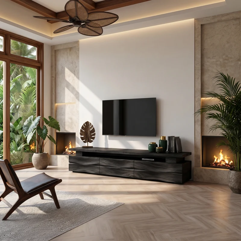Spry Interior Rustic TV Cabinet with Wave Front Drawers & Open Storage Shelf, Solid Wood Media Entertainment Stand - SINLHATC043
