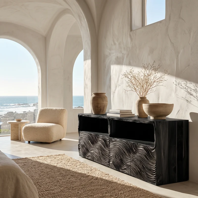 Spry Interior Modern Sideboard Buffet with Hand Carved Wave Wood Doors & Open Shelves, Solid Wood Credenza Console - SINLSASC532
