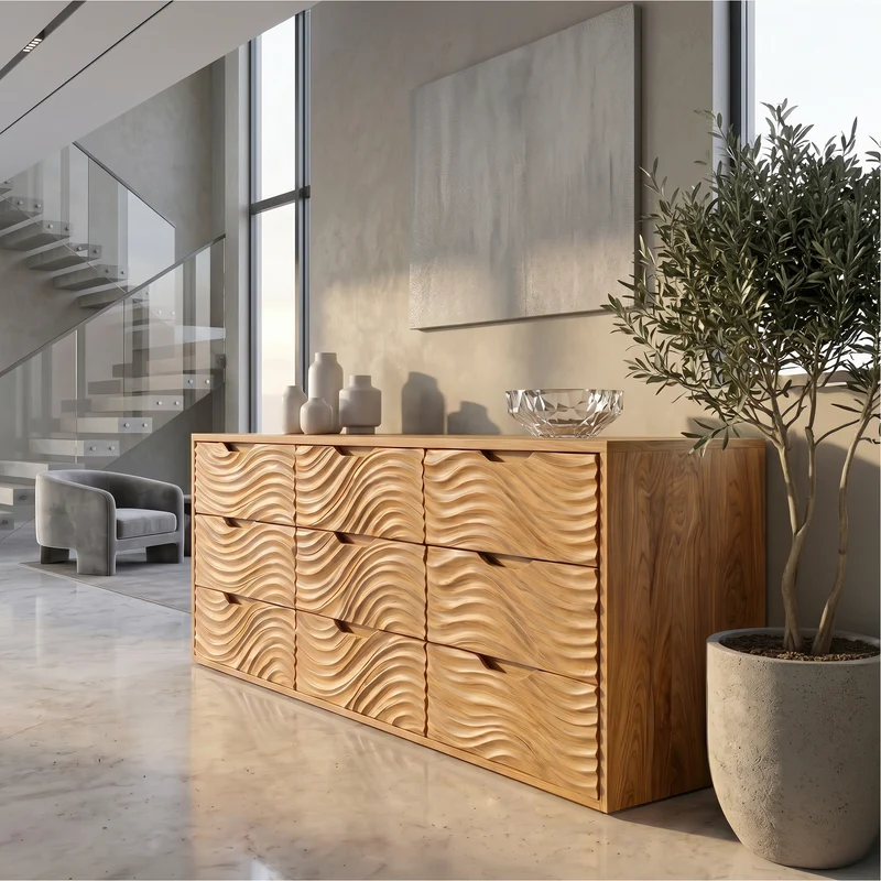 Spry Interior Organic Sideboard Buffet with Hand Carved Wave Wood Doors & Storage Cabinet, Solid Wood Living Room Credenza - SINLSASC531