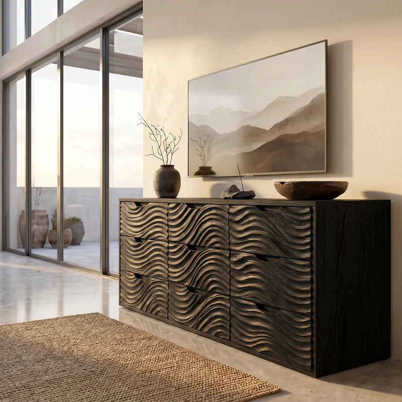 Spry Interior Organic Sideboard Buffet with Hand Carved Wave Wood Doors & Storage Cabinet, Solid Wood Living Room Credenza - SINLSASC531