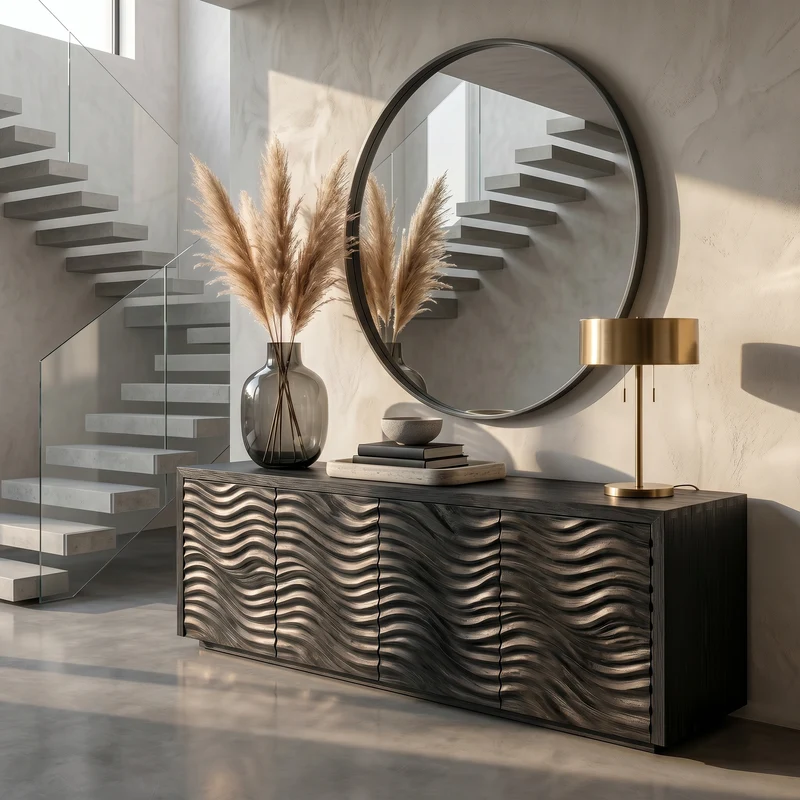 Spry Interior Rustic Sideboard Buffet with Hand Carved Wave Wood Doors & Solid Wood Storage Cabinet, Living Room Credenza - SINLSASC530