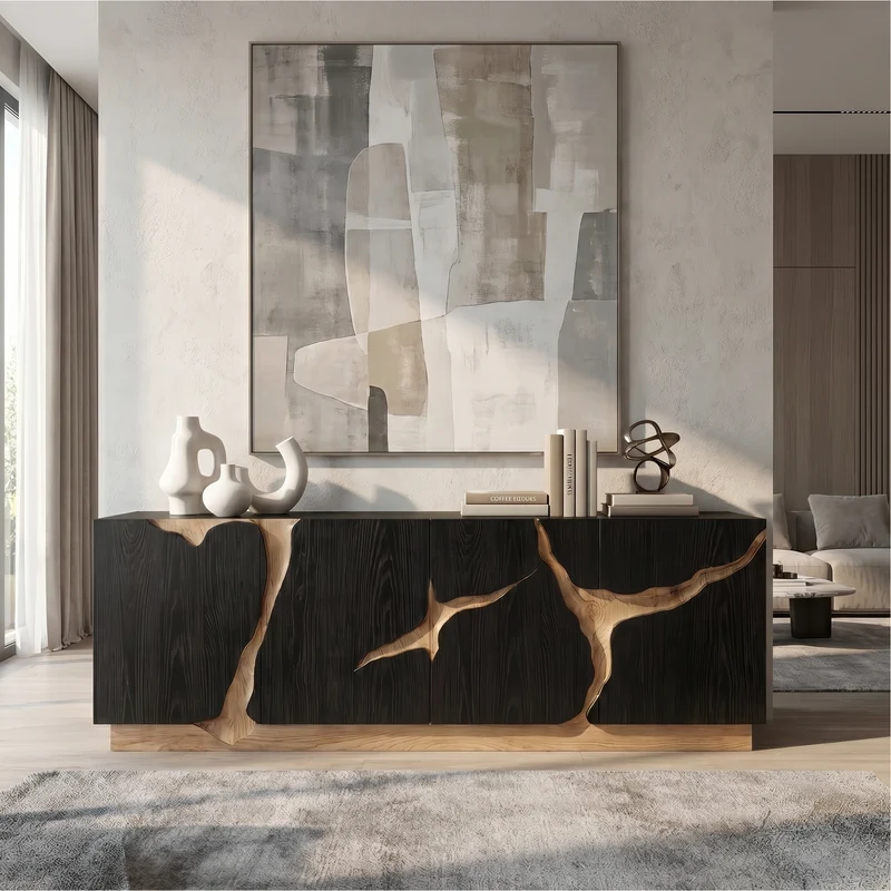 Spry Interior Organic Sideboard with Charred Wood Doors & Natural Live Edge Inlay, Shou Sugi Ban Buffet Credenza Console - SINLSASC529