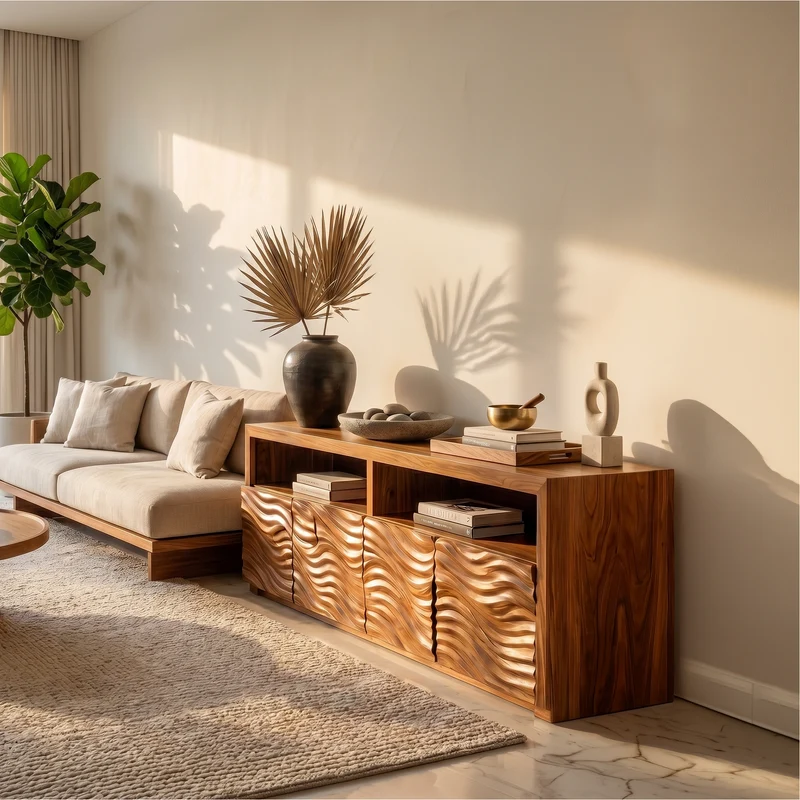 Spry Interior Contemporary Sideboard with Geometric Carved Wood Doors & Functional Storage Cabinet, Living Room Credenza - SINLSASC527