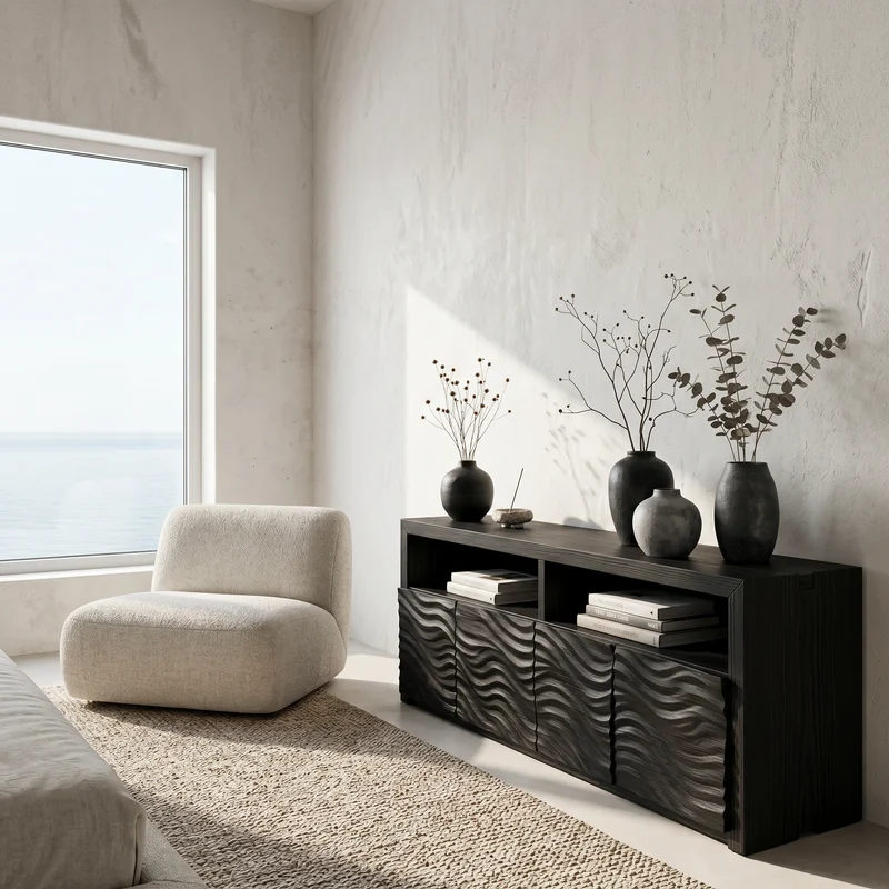 Spry Interior Contemporary Sideboard with Geometric Carved Wood Doors & Functional Storage Cabinet, Living Room Credenza - SINLSASC527