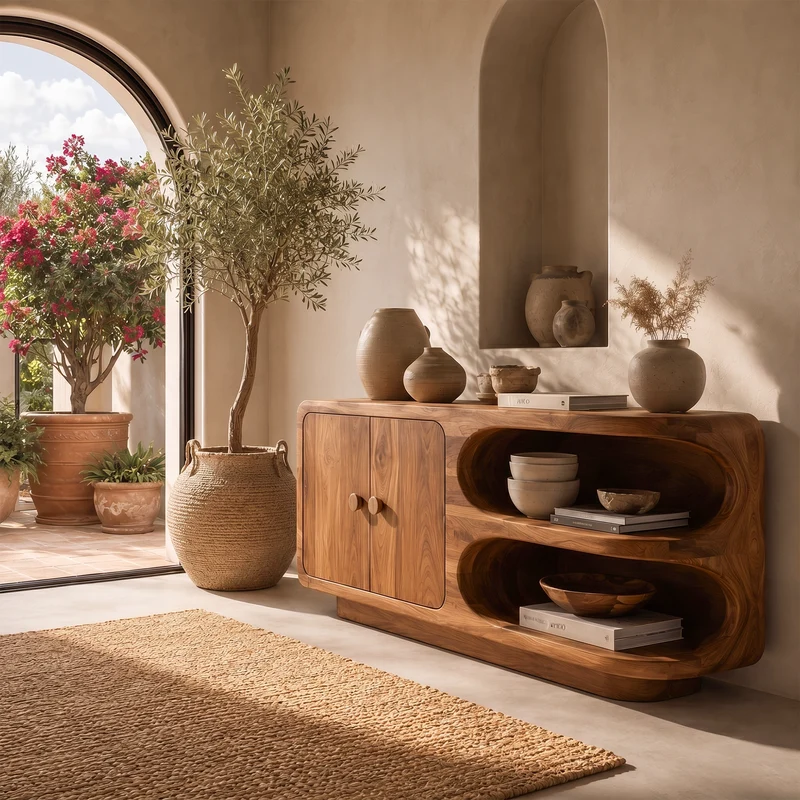 Spry Interior Organic Sideboard Buffet with Rounded Solid Wood Frame & Open Display Shelves, Modern Arched Credenza Console - SINLKISC526
