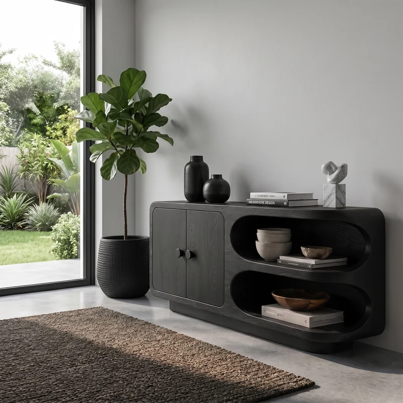 Spry Interior Organic Sideboard Buffet with Rounded Solid Wood Frame & Open Display Shelves, Modern Arched Credenza Console - SINLKISC526