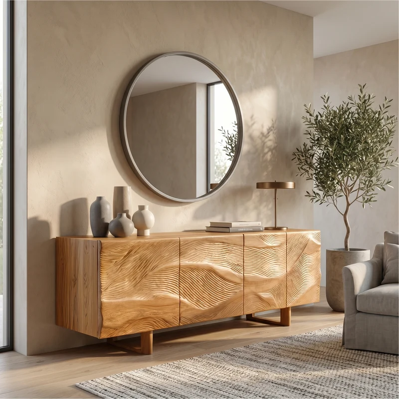 Spry Interior Modern Sideboard Buffet Cabinet with Sunburst Carved Wood Doors, Solid Wood Living Room Storage Credenza - SINLSASC525