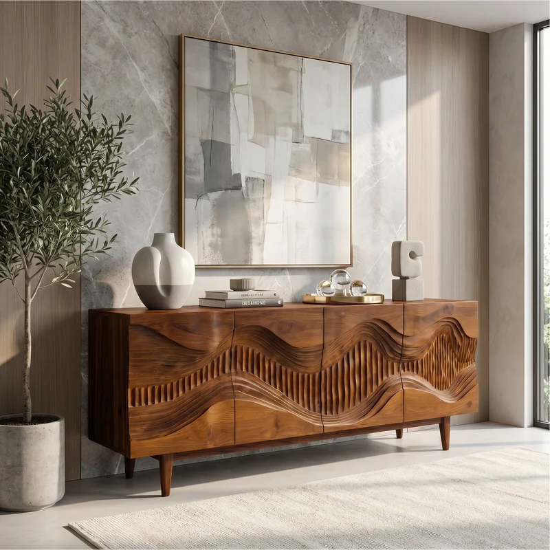 Spry Interior Mid-Century Sideboard Buffet with Sculptural Wave Carved Wood Doors, Retro Living Room Storage Credenza - SINLSASC524