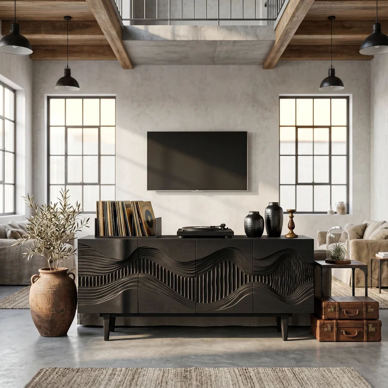 Spry Interior Mid-Century Sideboard Buffet with Sculptural Wave Carved Wood Doors, Retro Living Room Storage Credenza - SINLSASC524