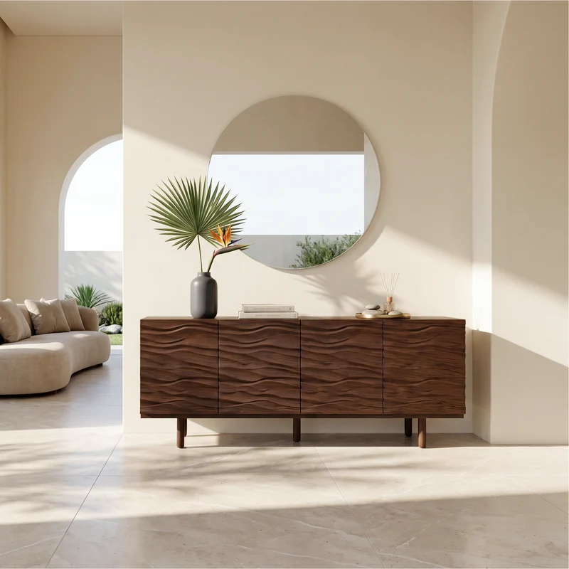 Spry Interior Modern Minimalist Sideboard with Textured Wood Doors & Sleek Storage, Living Room Buffet Credenza Cabinet - SINLSASC523
