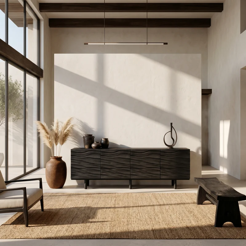 Spry Interior Modern Minimalist Sideboard with Textured Wood Doors & Sleek Storage, Living Room Buffet Credenza Cabinet - SINLSASC523