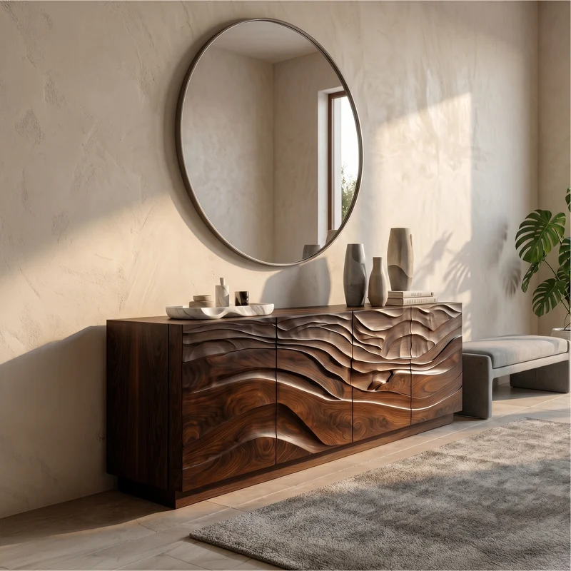 Spry Interior Organic Sideboard with Sculptural Wave Carved Wood Front & Storage Cabinets, Living Room Credenza Buffet - SINLSASC522