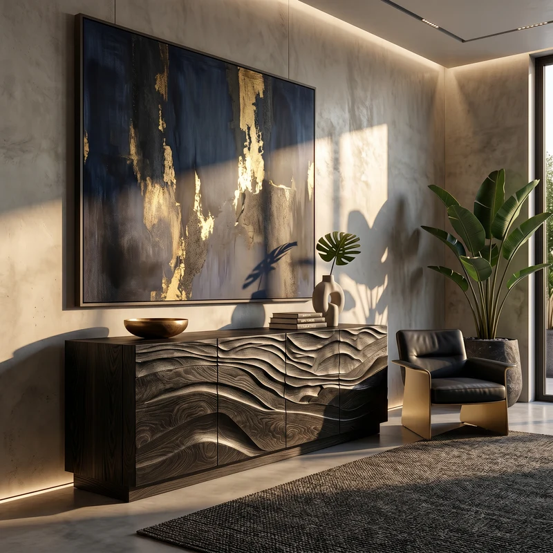 Spry Interior Organic Sideboard with Sculptural Wave Carved Wood Front & Storage Cabinets, Living Room Credenza Buffet - SINLSASC522