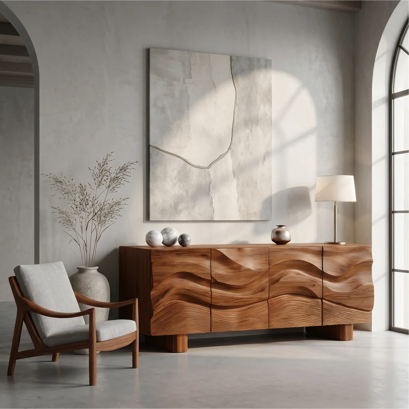 Spry Interior Modern Organic Sideboard with Wave Front Wood Doors & Shelves, Living Room Buffet Credenza Media Console - SINLSASC521