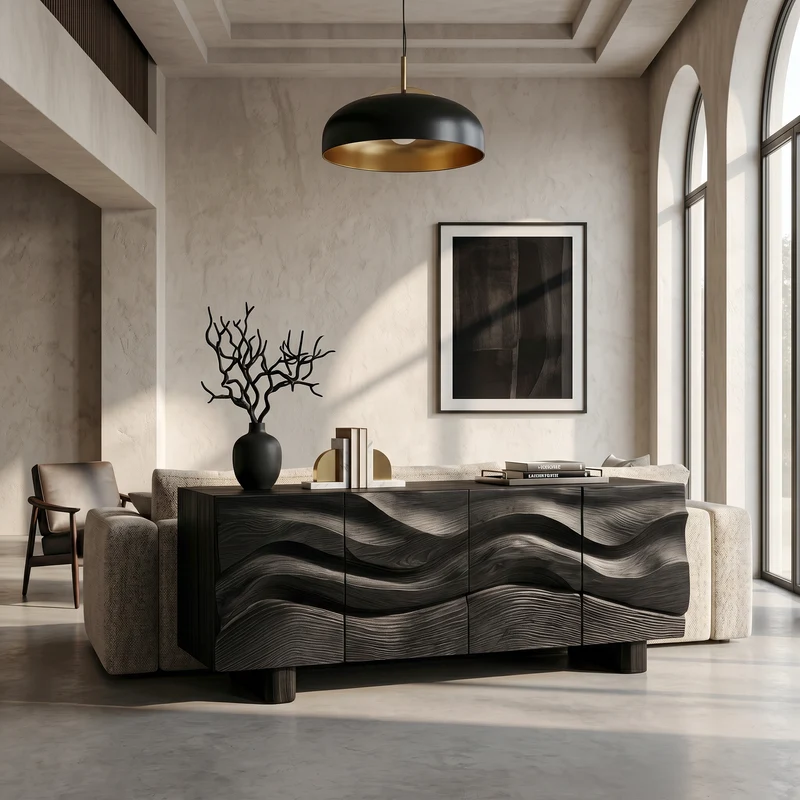Spry Interior Modern Organic Sideboard with Wave Front Wood Doors & Shelves, Living Room Buffet Credenza Media Console - SINLSASC521