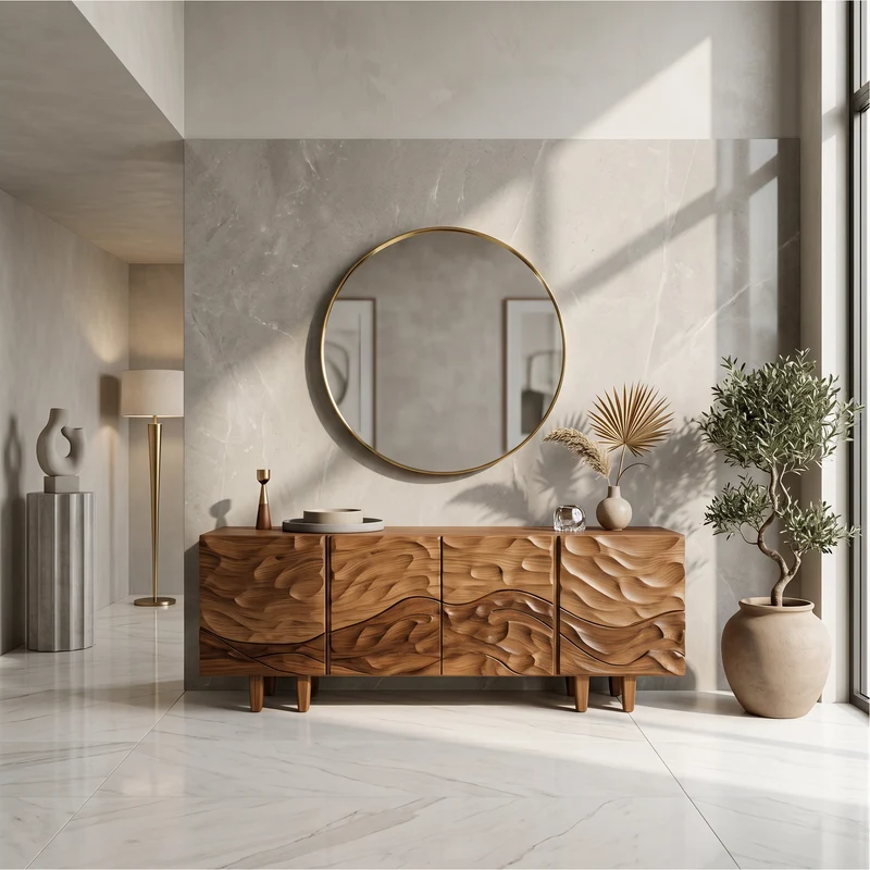 Spry Interior Sculptural Sideboard with Flowing Wood Grain Doors, Organic Modern Living Room Credenza Buffet Cabinet - SINLSASC520