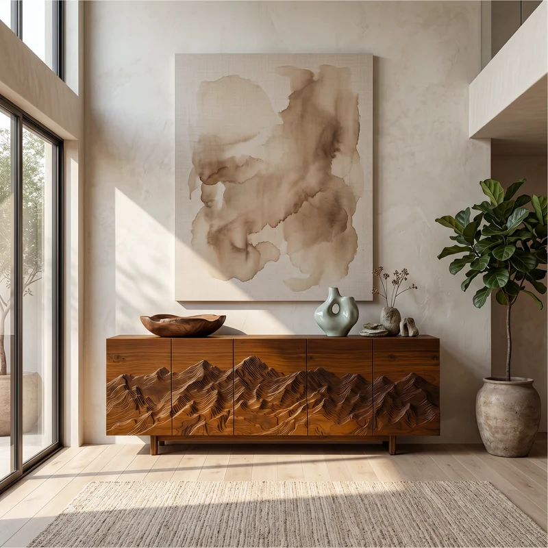 Rustic Mountain Sunrise Sideboard With Hand Carved Wood Doors For Living Room And Entryway SINLSASC519