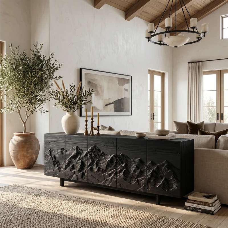 Rustic Mountain Sunrise Sideboard With Hand Carved Wood Doors For Living Room And Entryway SINLSASC519