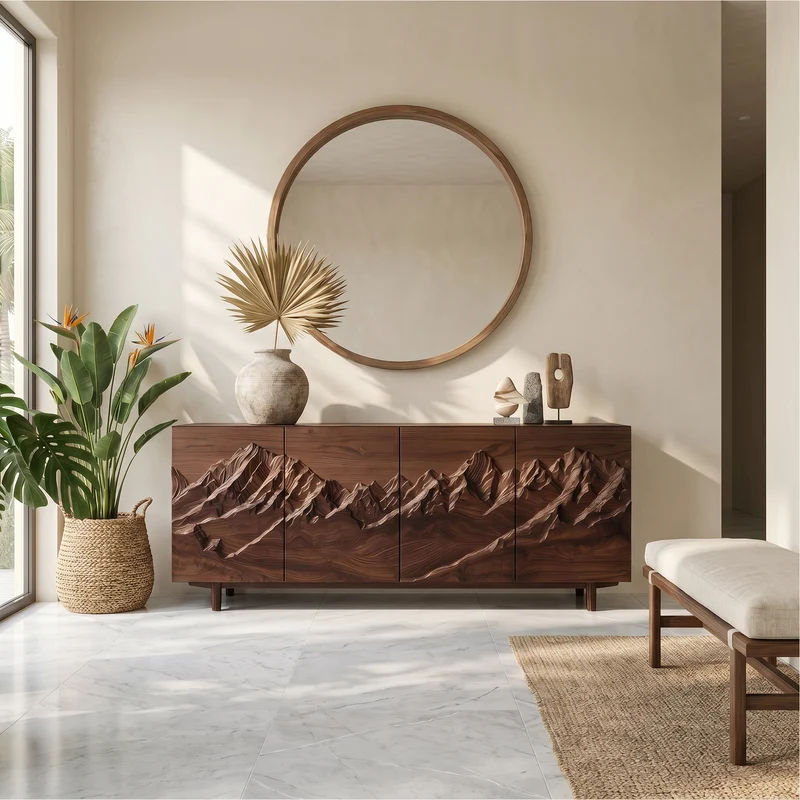 Spry Interior Rustic Mountain Landscape Sideboard with Carved Wood Doors, Artistic Living Room Credenza Buffet Console - SINLSASC518