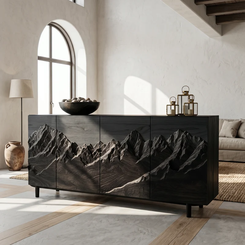 Spry Interior Rustic Mountain Landscape Sideboard with Carved Wood Doors, Artistic Living Room Credenza Buffet Console - SINLSASC518